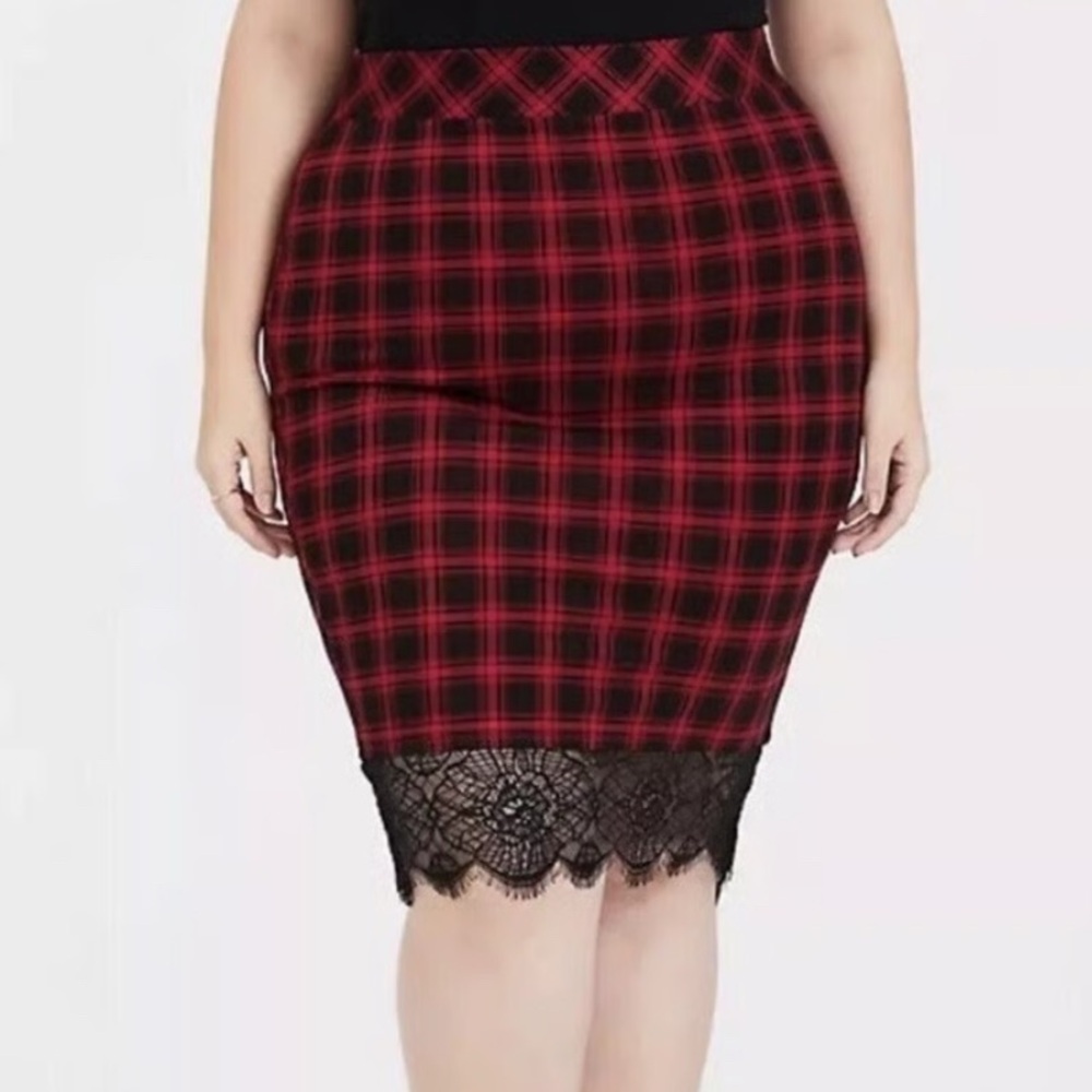 Torrid Plaid Red and Black Skirt with Lace Large